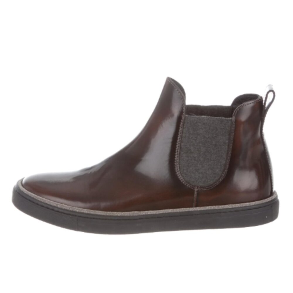 BRUNELLO CUCINELLI Patent Leather Round-Toe Ankle Boots
